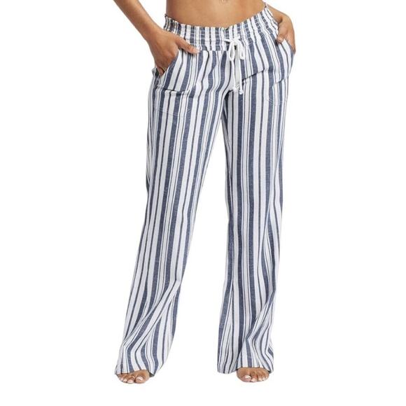 Roxy Juniors Large Linen Blend Pants Pull On Pockets Striped Beachy Travel NEW - Picture 1 of 16